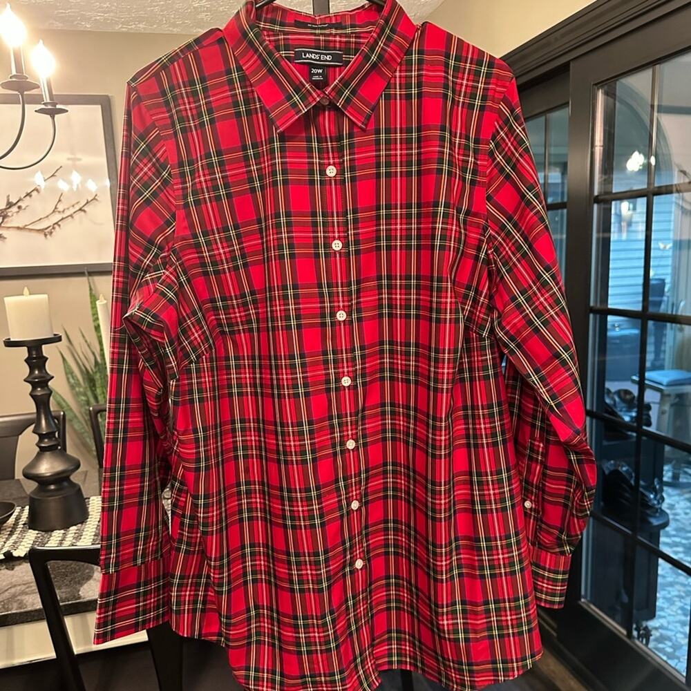 Lands' End NWOT Christmas Plaid Button Down Shirt No Iron Cotton Plus Size 20W
